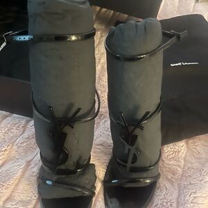 Yves Saint Laurent Black Patent Logo Strappy Heels